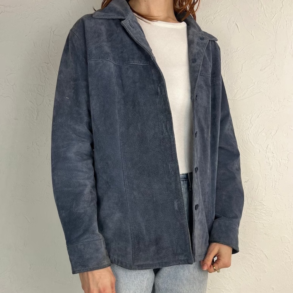 Y2K 'Ami' Baby Blue Suede Button Up Jacket / Large